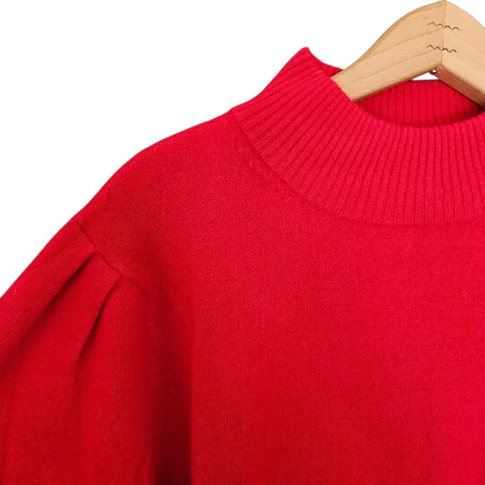 NWT Women's Ann Taylor Red Cashmere Mock Turtleneck Sweater Balloon Sleeves XL